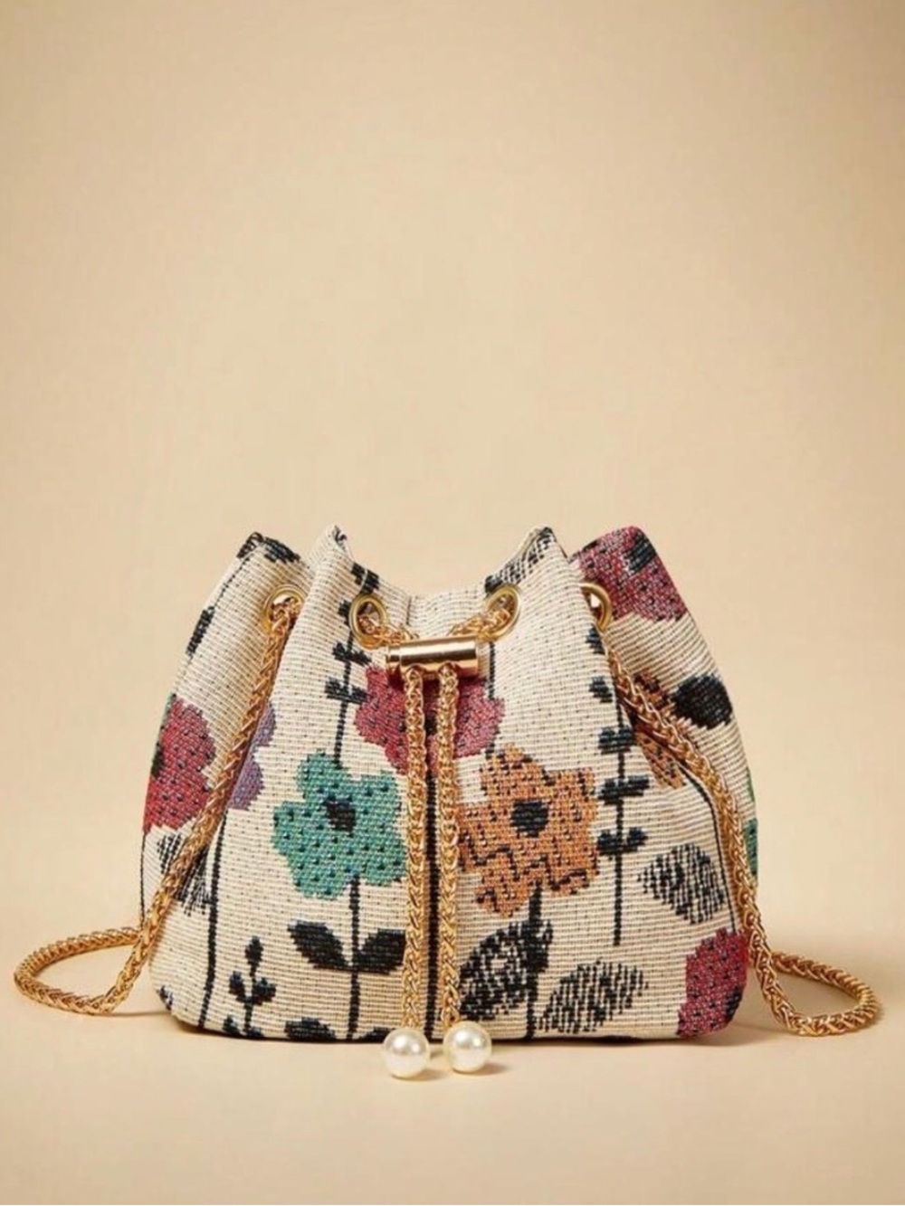 Floral Drawstring Bucket Bag - Cream Multicolor